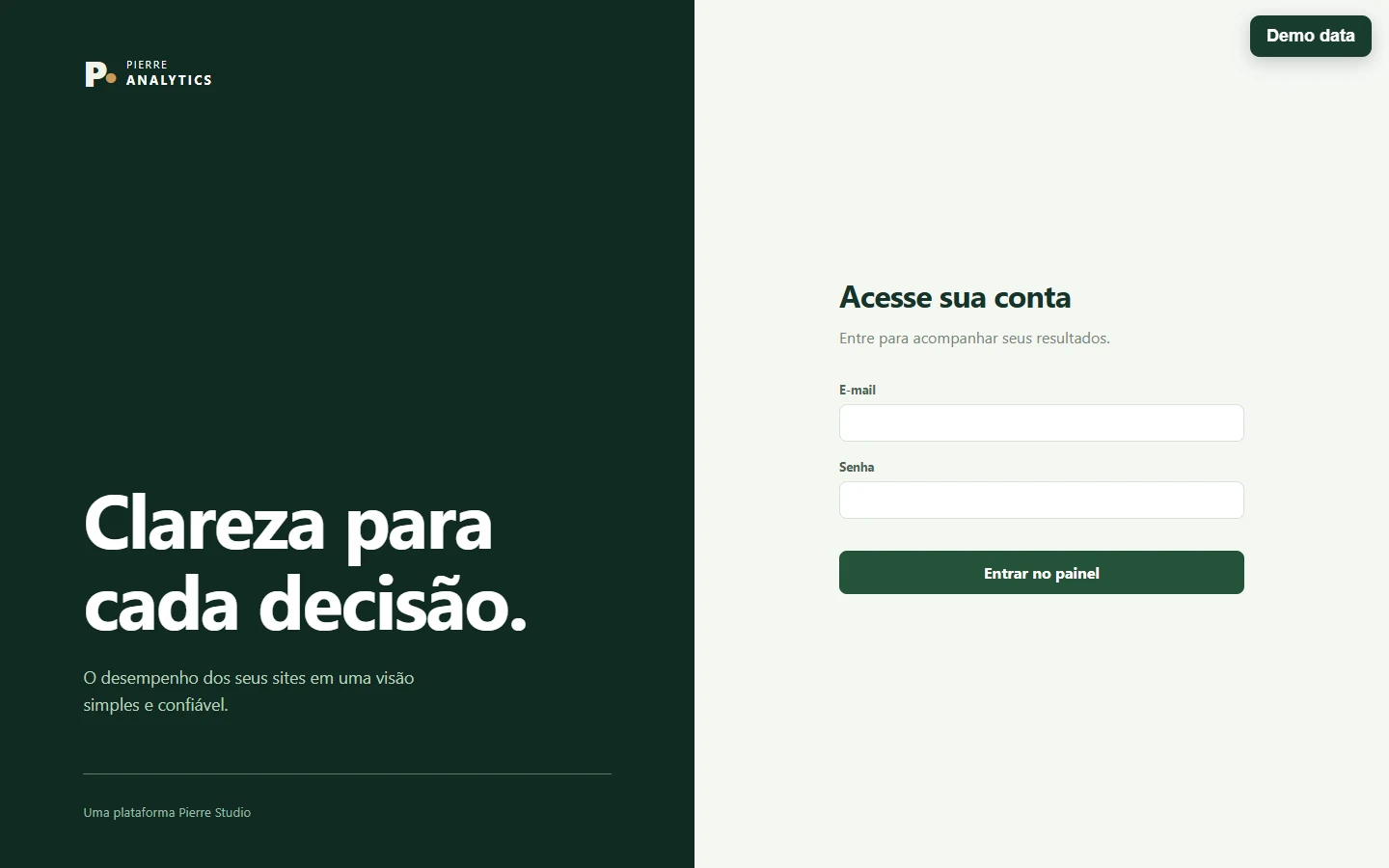 Pierre Analytics sign-in screen with empty email and password fields and a Demo data badge.